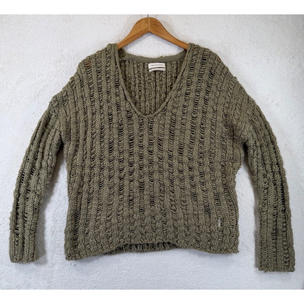 Urban Outfitters Olive Green Open Knit V-Neck Sweater XS Chunky Crochet Pullover